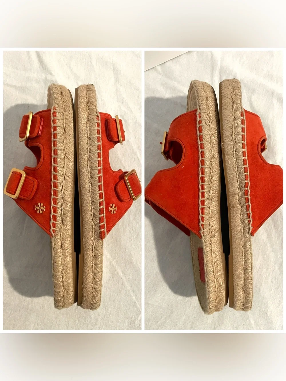 Tory Burch Orange Suede Espadrille Slide Sandals Buckle Logo Women’s US 7.5